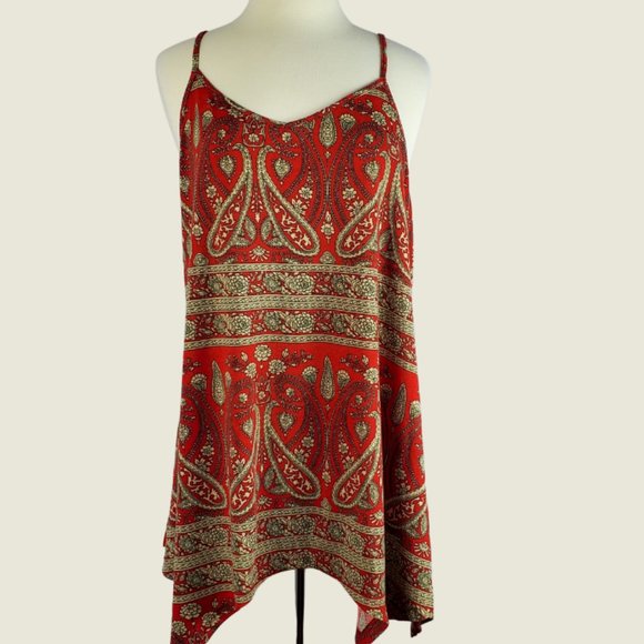 Asymmetrical Boho Top Red-Light Green Bandana Paisely Pattern 2XL - Picture 1 of 11